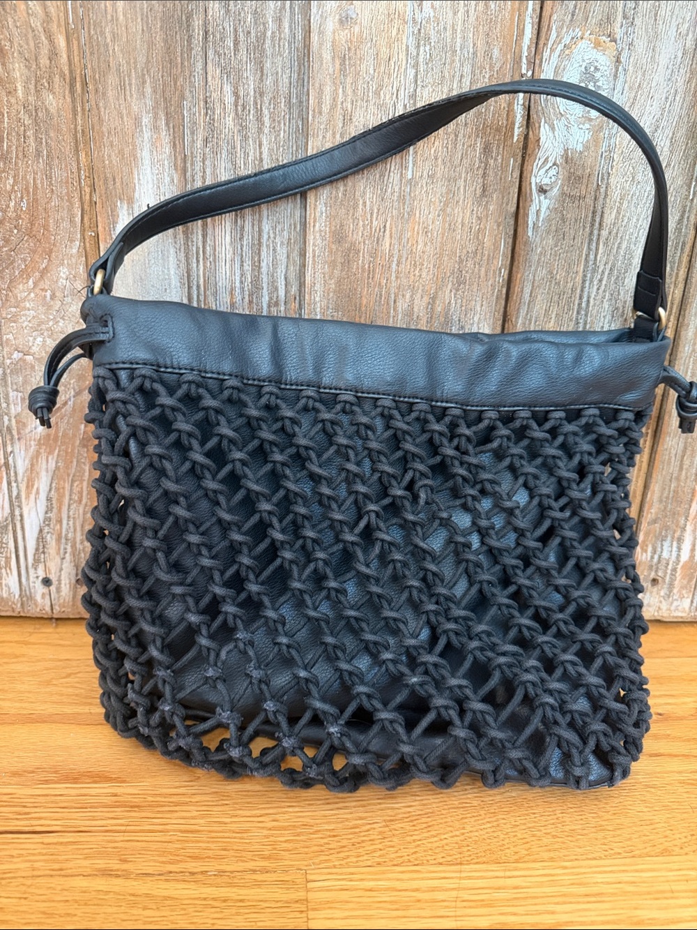 Elizabeth and James Navy Blue Macramé and Vegan Leather Shoulder Bag